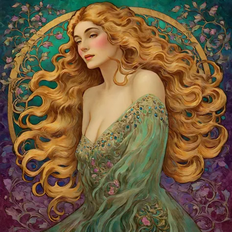 a woman with flowing hair, art nouveau, photorealistic, detailed facial features, high quality, intricate details, lush colors, ...