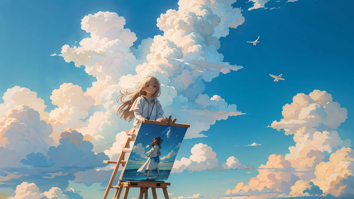 una pintura con el tema "Creatividad en las nubes", en un estilo mágico realista, Dibujo de una niña sentada en una silla blanca, Dibujar en un caballete, La ballena emerge de la pintura bidimensional y se convierte en parte del espacio tridimensional, cielo azul, colores pastel, espacio blando, Detalles de la nube flotante, rodeada de cabrestantes de papel blanco que caen, luz de sol, composición perfecta], animado, 8K