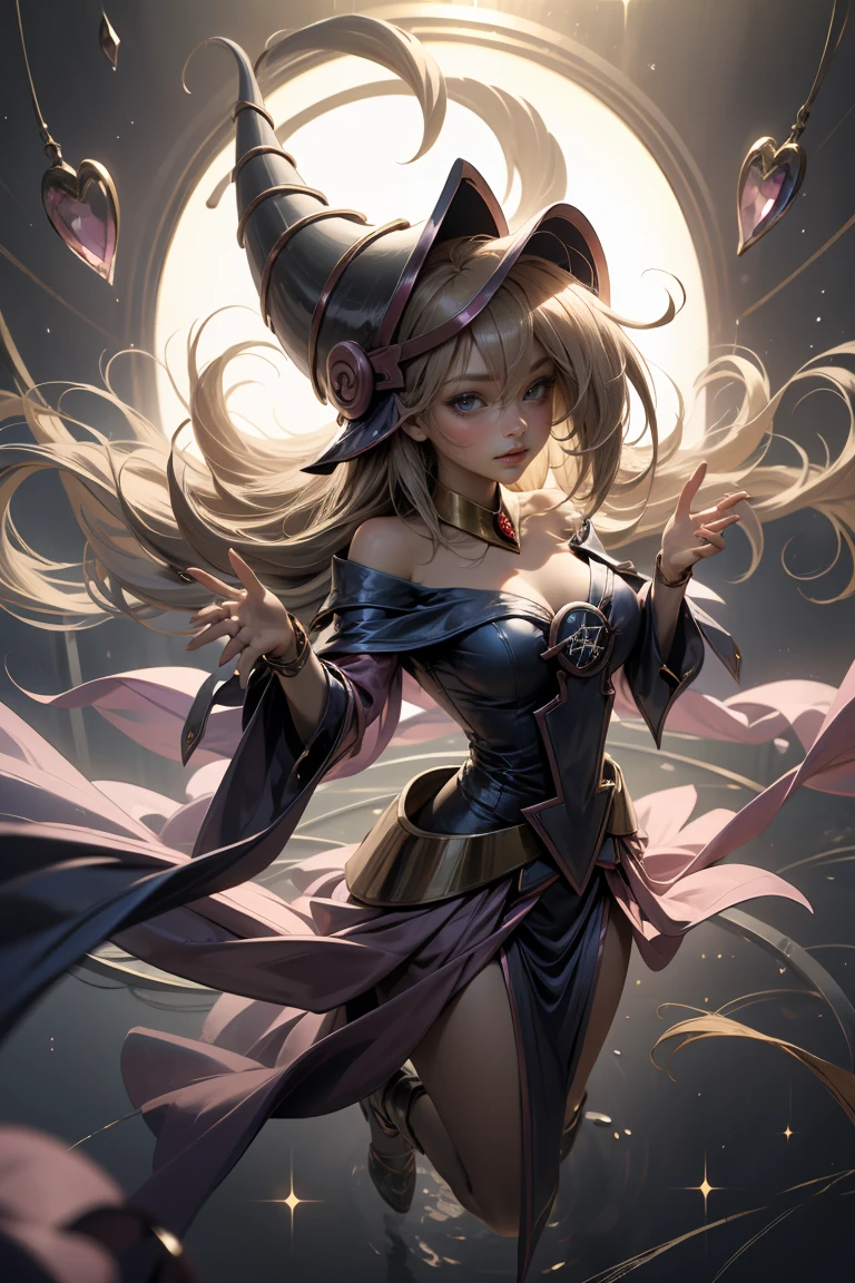 (杰作:1.2), (最好的品质:1.2), 完美照明, 黑魔术少女施展魔法, 飘然, 大的 , 领口, 魔法背景. 空中飘扬着透明的心, 蓝色长袍, 大的 hat, 从上面, 火花, 背景中的游戏王卡牌