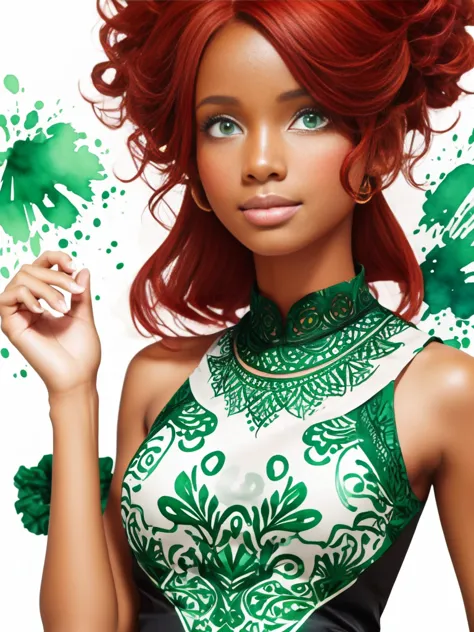 black woman with red hair and bright green eyes, wear elegant party clothes, scattered outlines and white background, intricate ...