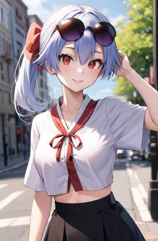 (masterpiece, best quality, detailed), 1girl, solo, smile, happy, tomoe gozen, looking at viewer, red eyes, white hair, shirt, crop top, skirt, sunglasses on head