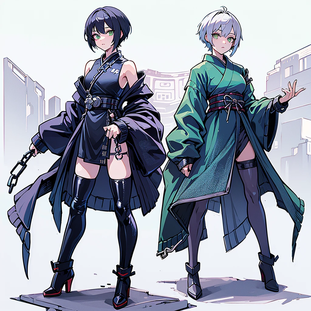 (Masterpiece, top quality), (detailed hair), super detailed, anime style, full body, solo, Cyberpunk ninja girl, medium short White hair, green eyes, wearing cyber kimono, feminine figure, holding chain kunai, chain wrapped rugged gauntlets, high heeled boots, standing wasteland, white background, whole body,
