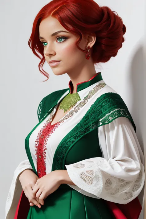 black woman with red hair and bright green eyes, wear elegant party clothes, scattered outlines and white background, intricate ...