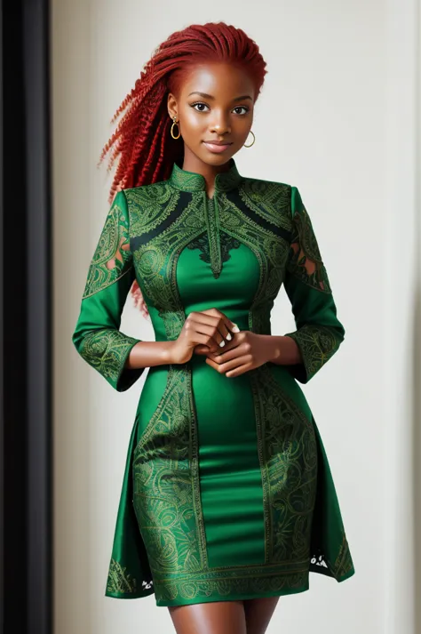 black woman with red hair and bright green eyes, wear elegant party clothes, scattered outlines and white background, intricate ...