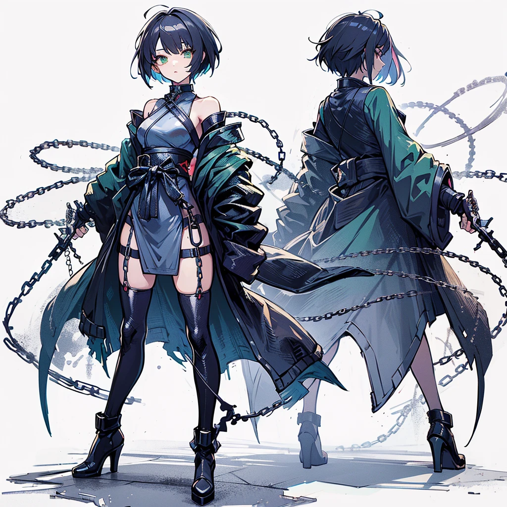 (Masterpiece, top quality), (detailed hair), super detailed, anime style, full body, solo, Cyberpunk ninja girl, medium short White hair, green eyes, wearing cyber kimono, feminine figure, holding chain kunai, chain wrapped rugged gauntlets, high heeled boots, standing wasteland, white background, whole body,
