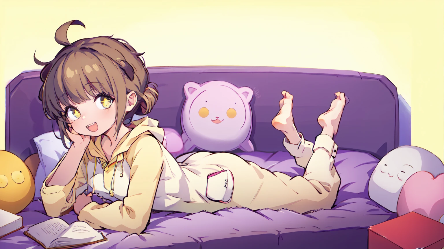 (masterpiece), short hair, brown hair, golden eyes, smile, pajamas, ahoge, open mouth, barefoot, pillow, black hair, on stomach, short hair, bed, lying, book, onesie