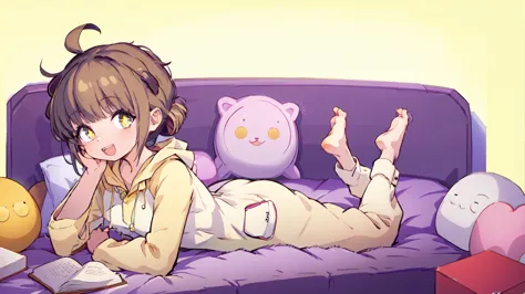 (masterpiece), short hair, brown hair, golden eyes, smile, pajamas, ahoge, open mouth, barefoot, pillow, black hair, on stomach,...