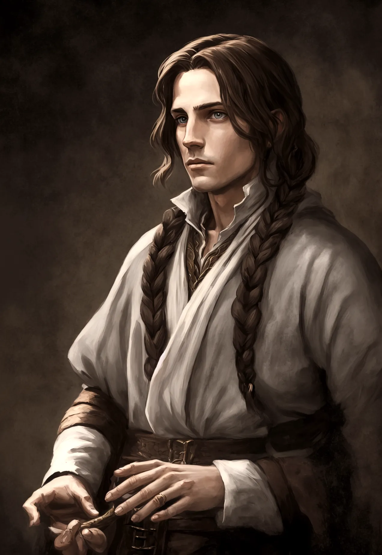 portrait art, young sorcerer, half a turn, brown hair with one waist-length braid, no beard, grey eyes, medieval era fantasy