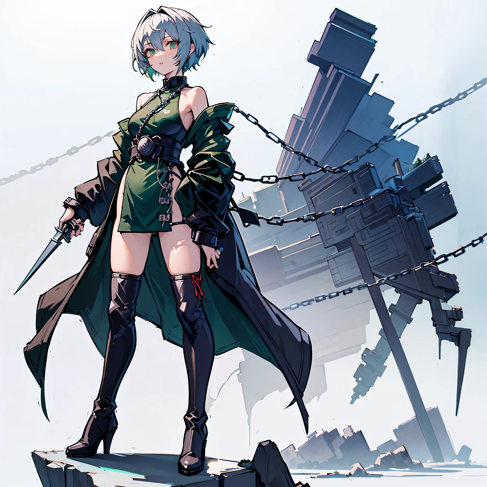 (Masterpiece, top quality), (detailed hair), super detailed, anime style, full body, solo, Cyberpunk ninja girl, medium short White hair, green eyes, wearing cyber kimono, feminine figure, holding chain kunai, chain wrapped rugged gauntlets, high heeled boots, standing wasteland, white background, whole body, chains around, chains everywhere 
