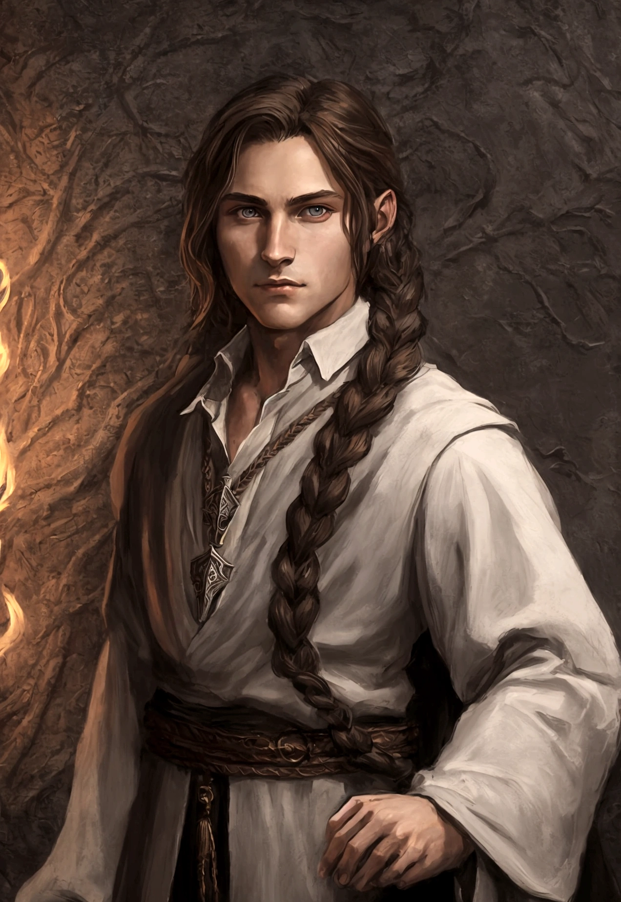 portrait art, young sorcerer, half a turn, brown hair with one waist-length braid, no beard, grey eyes, medieval era fantasy