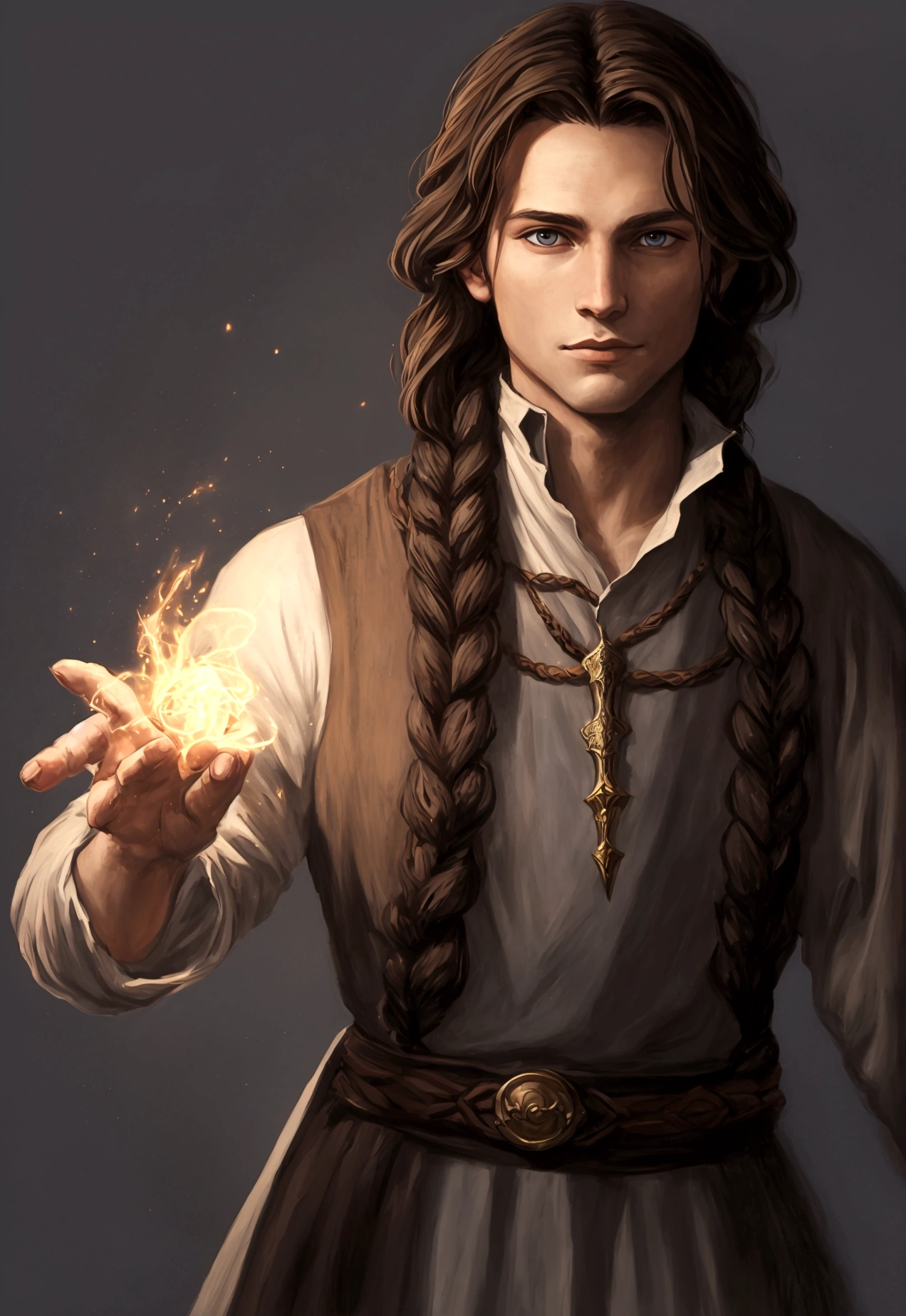 portrait art, young sorcerer, half a turn, brown hair with one waist-length braid, no beard, grey eyes, medieval era fantasy