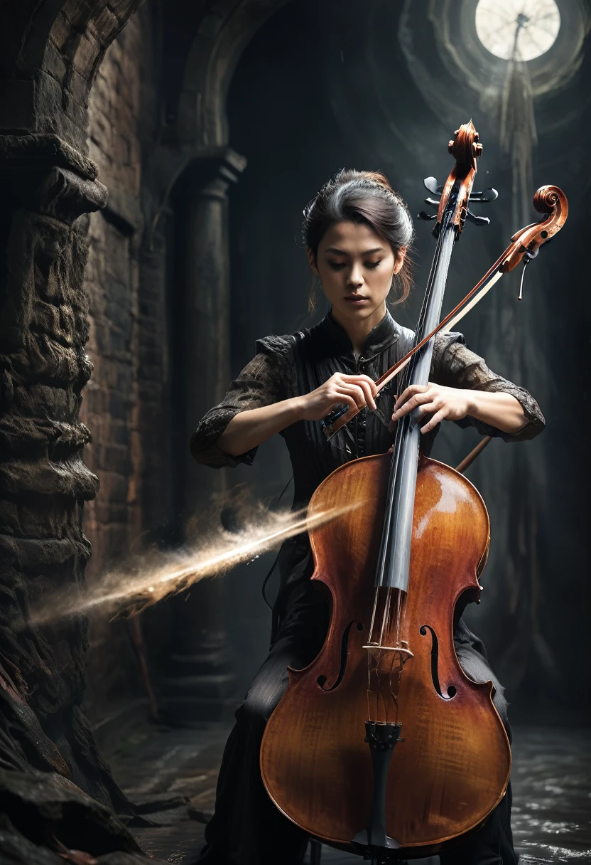 A person playing cello with the bow bristles popped in a Dark Fantasy style