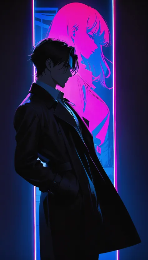 Attractive silhouette of a man in a black trench coat, Sexy poses to seduce viewers, perfect silhouette, Bold and attractive, BREAK perfect silhouette, Sharp edges of neon art, Subtle and soft neon lighting, Realistic black light, The background is completely black, 