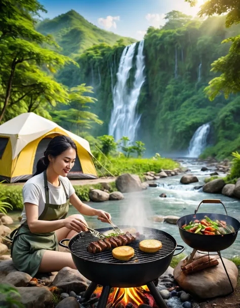 a women cooking food with eagg and grill bqq, background river forest waterfall and mountain with tent, realistic photo