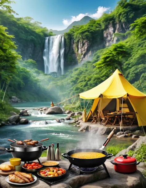 a women cooking food with eagg and grill bqq, background river forest waterfall and mountain with tent, realistic photo