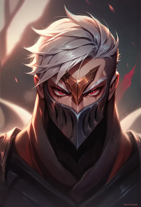 zed do league of legends, a ninja with short white hair and red eyes, your expression is serious and cold, he's intense. he wear...