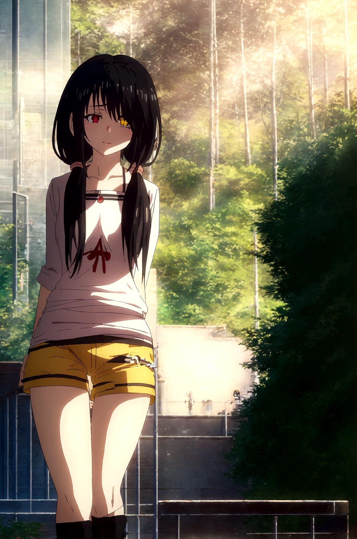 (​masterpiece、top-quality、hight resolution)、 Real life adaption for this character, Masterpiece, high quality, best lighting, 1girl, tokisaki kurumi, black hair, low twintails, ((right eye red, left eye yellow)), (hotpants), (perfect body), (((big thigh))), looking at viewer, standing, outdoors