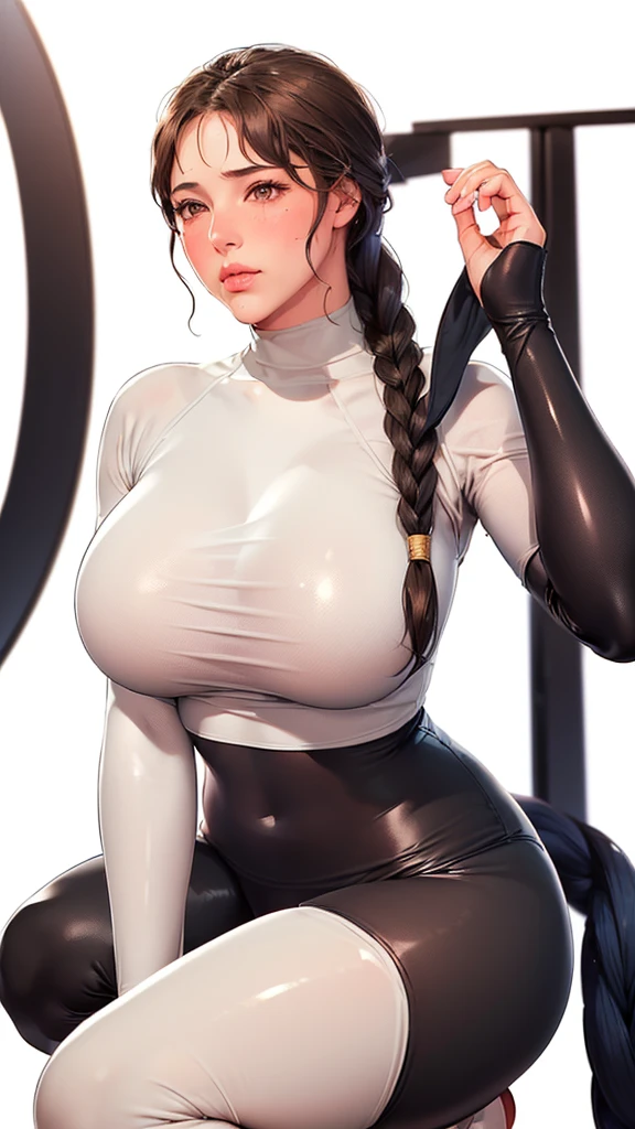 (（（Perfect body,White and tender skin,（（（Black yoga suit, long sleeved yoga suit, yoga pants）））,（（（brown eyes, braid, long hair, braided ponytail, single braid, hair over shoulder, bangs, blush, lips）））,((masterpiece)),highres,((Best quality at best)),masterpiece,quality,Best quality,(（（ Exquisite facial features,Looking at the audience,There is light in the eyes,(（（frown，blush））），）））,（（（Light and shadow,Huge breasts,）））,（（（Looking at the camera,White background)））)