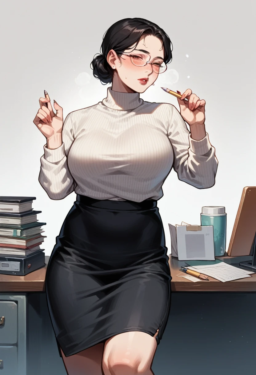 (mature woman), blush, lust, skin fair, Sweater shirt, Long pencil skirt, wearing glasses, short black hair, beautiful  face, 가슴, sensuous, highest quallity,standing pose, (fund: In front of the office desk)