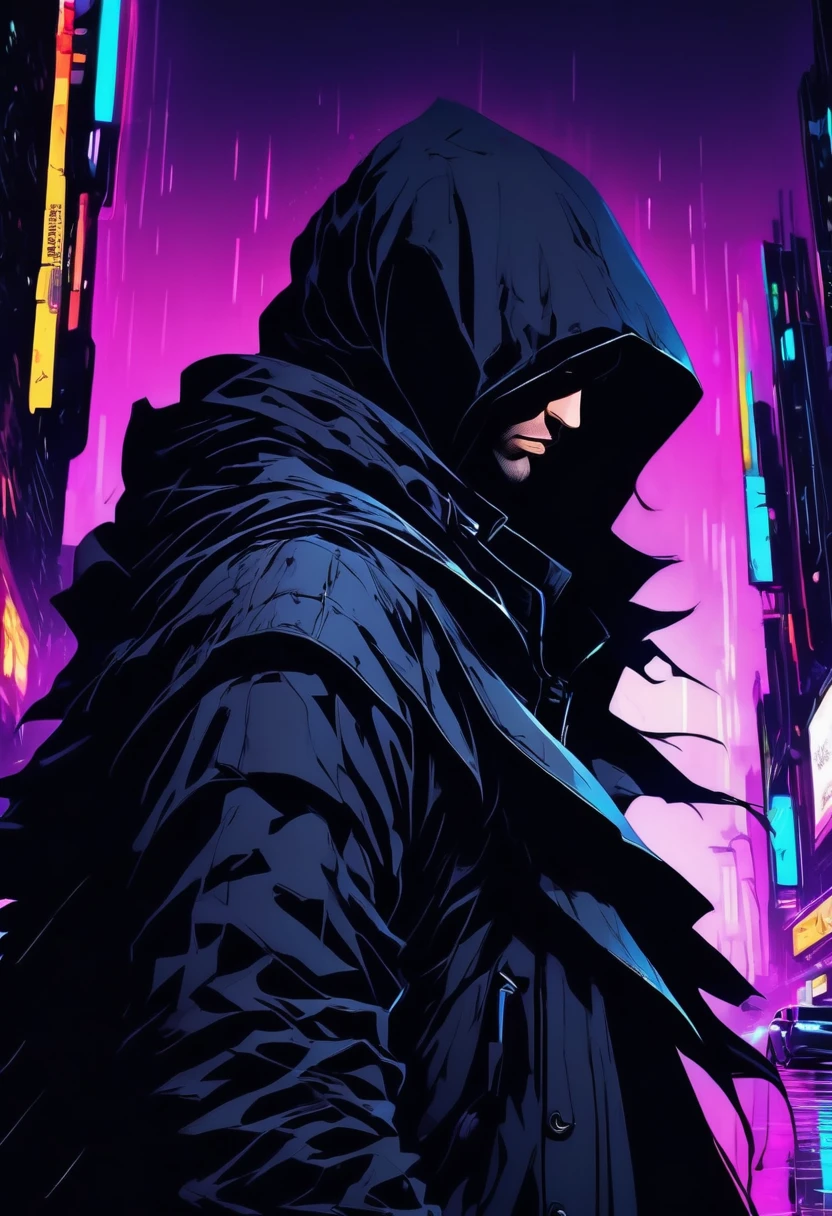 wide and far shot, ((a man in a black hooded trench coat, return to camera:1.5)), standing on rainy street, looking at a futuristic city at night, a dark cityscape with neon lights (Best Quality, 4k, 8k , high resolution, Masterpiece: 1.2), ultra detailed (realist, photorealist, photorealist: 1.37), cinematic lighting, dramatic shadows, moody atmosphere, intricate details, Bright city lights, advanced technology, Retro-futuristic architecture, dynamic pose, hood that casts shadows on the face, intense look