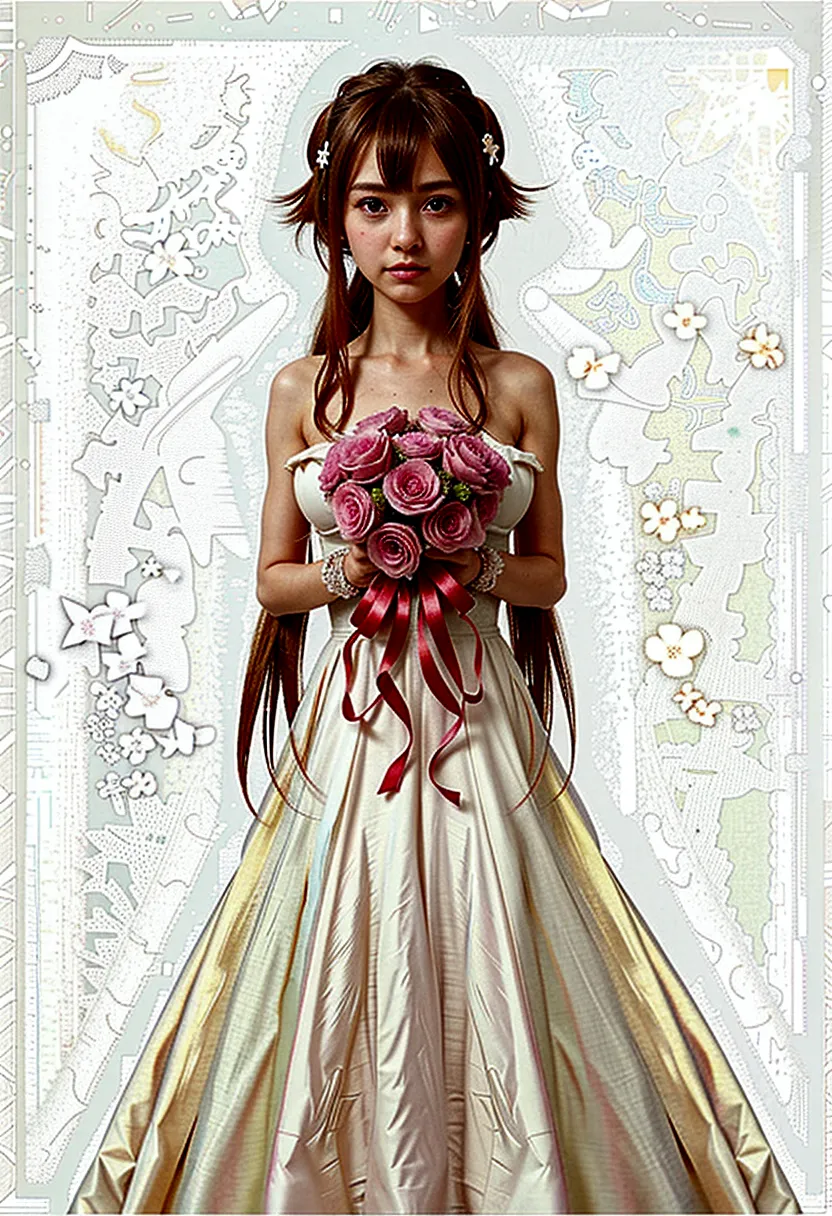 anime girl in a wedding dress with a bouquet of flowers, ethereal flowerpunk, made with anime painter studio, !!full body portra...