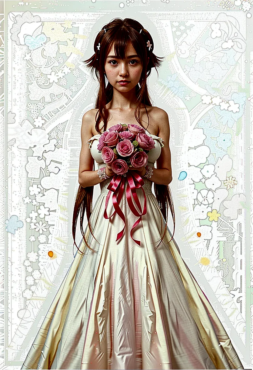 anime girl in a wedding dress with a bouquet of flowers, ethereal flowerpunk, made with anime painter studio, !!full body portra...