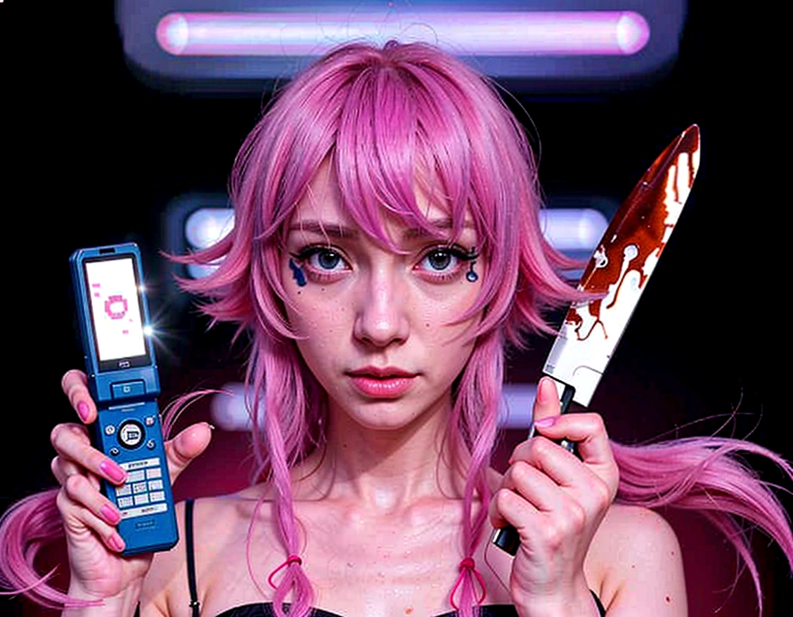 anime girl with pink hair holding a cell phone and a knife, mirai nikki, yandere, gapmoe yandere, anime styled digital art, digital anime illustration, yume nikki, anime style hyperrealistic art, hyperrealistic anime style, digital cyberpunk - anime art, hyperrealistic cyberpunk anime art, hyperrealistic anime art, anime cyberpunk art, modern anime style, anime art style hyperrealistic 