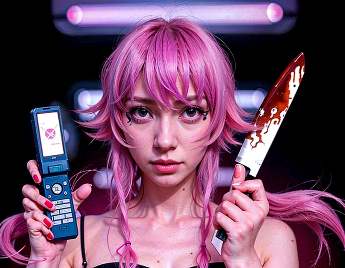 anime girl with pink hair holding a cell phone and a knife, mirai nikki, yandere, gapmoe yandere, anime styled digital art, digital anime illustration, yume nikki, anime style hyperrealistic art, hyperrealistic anime style, digital cyberpunk - anime art, hyperrealistic cyberpunk anime art, hyperrealistic anime art, anime cyberpunk art, modern anime style, anime art style hyperrealistic 