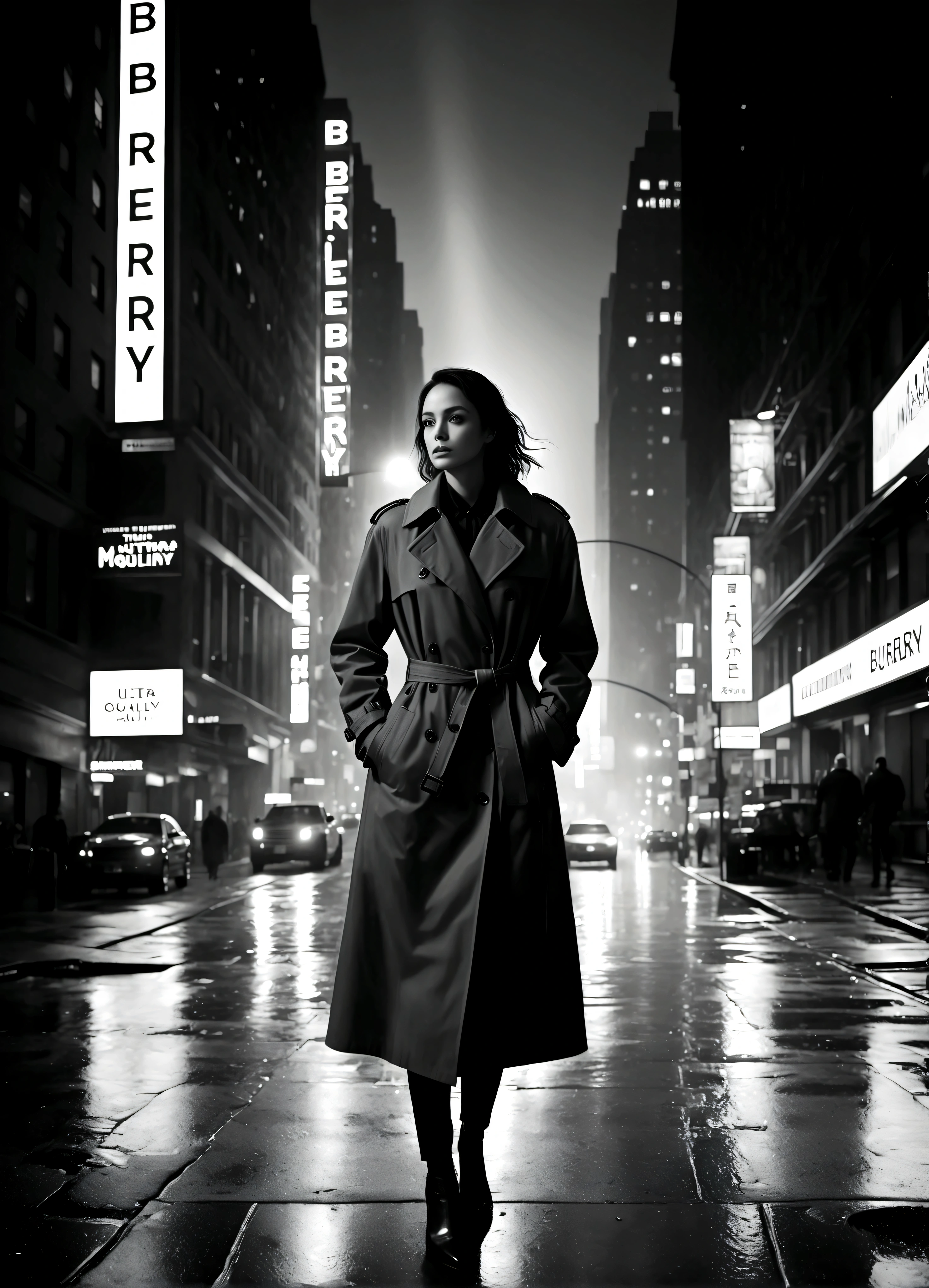 Black and white photography,In a monochrome world. The background is New York City's Manhattan, a nighttime street scene. Light spills from the windows of high-rise buildings and neon signs illuminate the streets, reflecting off the wet pavement. A figure in a black trench coat stands under a streetlight, the coat's hem fluttering in the wind. The trench coat is from the renowned brand Burberry, made of a wool and cashmere blend. The scene is mysterious and dramatic, reminiscent of a noir film.,(masterpiece:1.3),(highest quality:1.4),(ultra detailed:1.5),High resolution,extremely detailed,unity 8k wallpaper