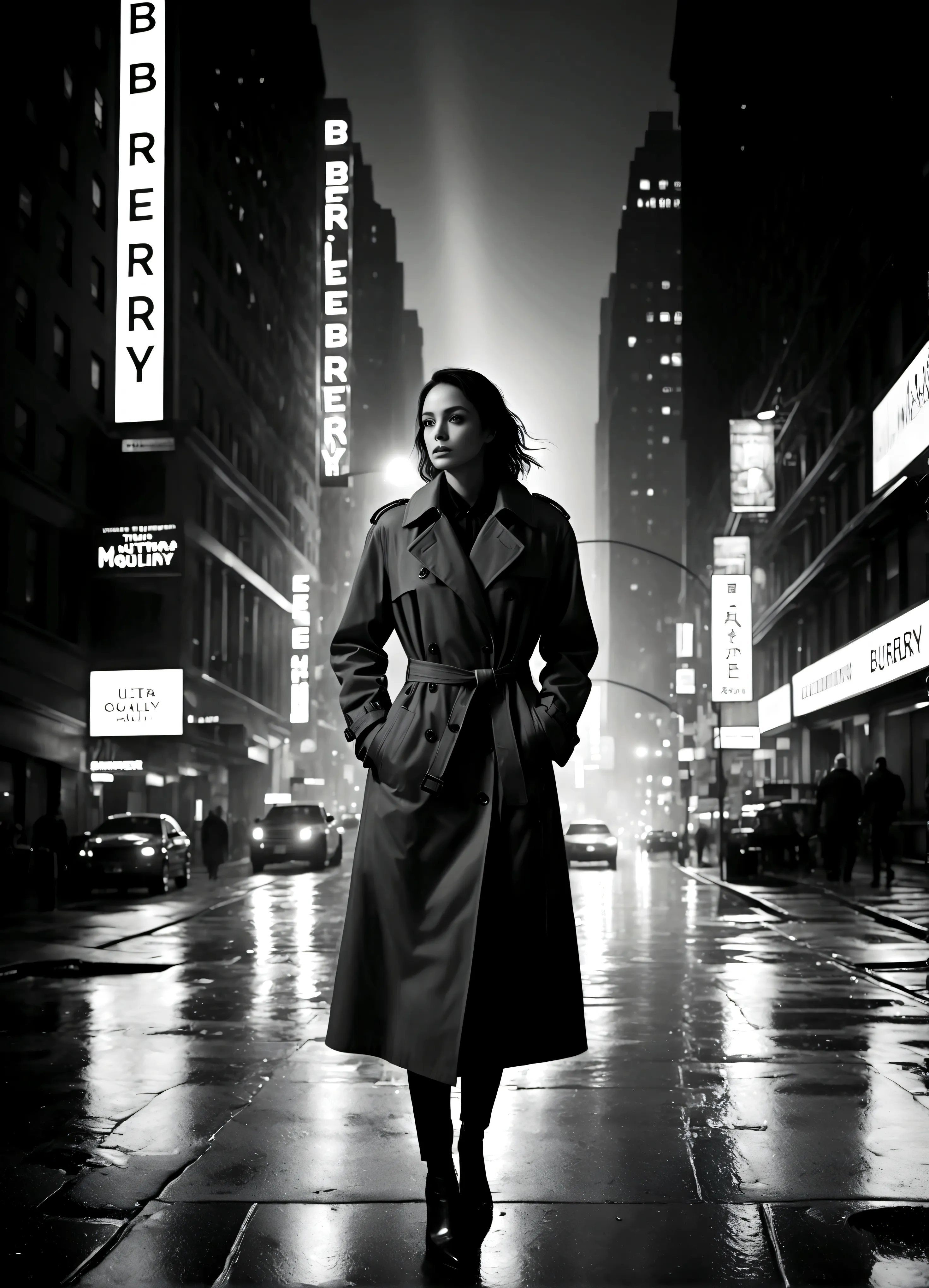 Black and white photography,In a monochrome world. The background is New York City's Manhattan, a nighttime street scene. Light ...