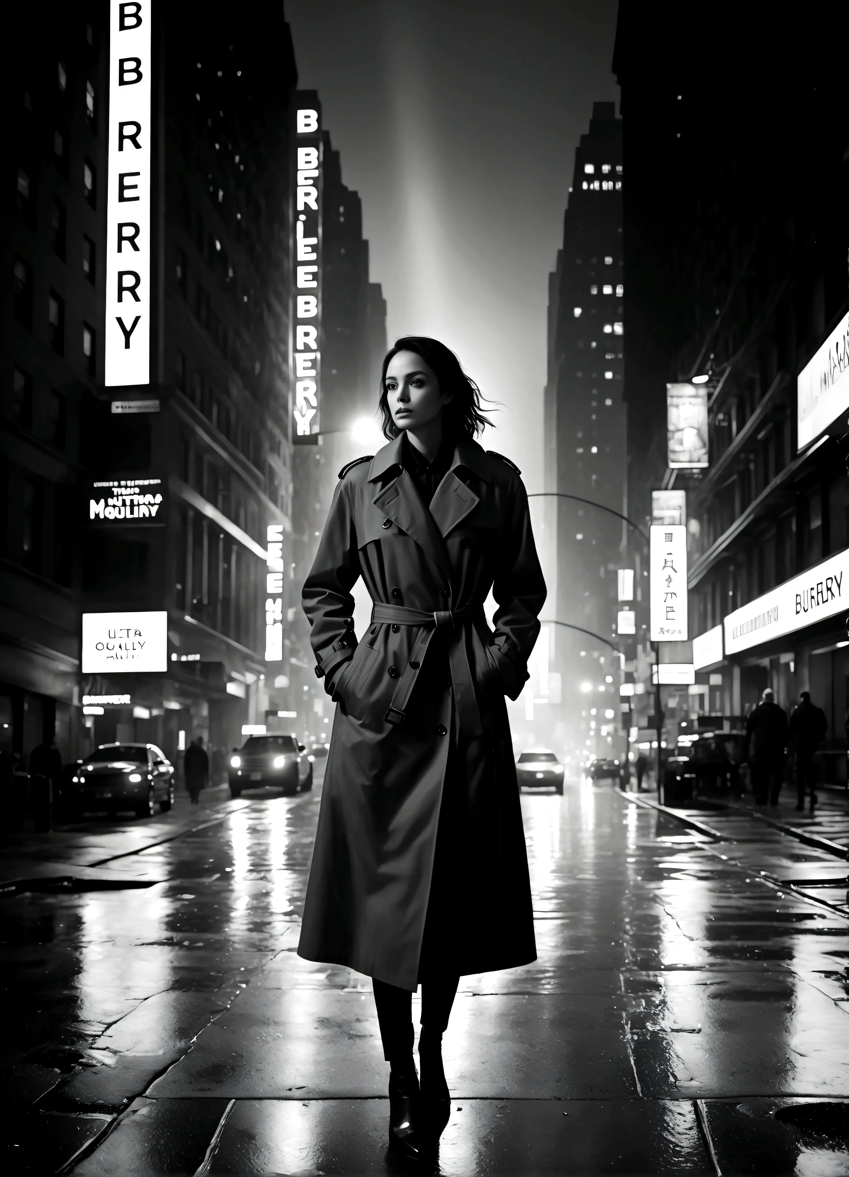 black and white photography,in a monochrome world. the background is new york city's manhattan, a nighttime street scene. light ...