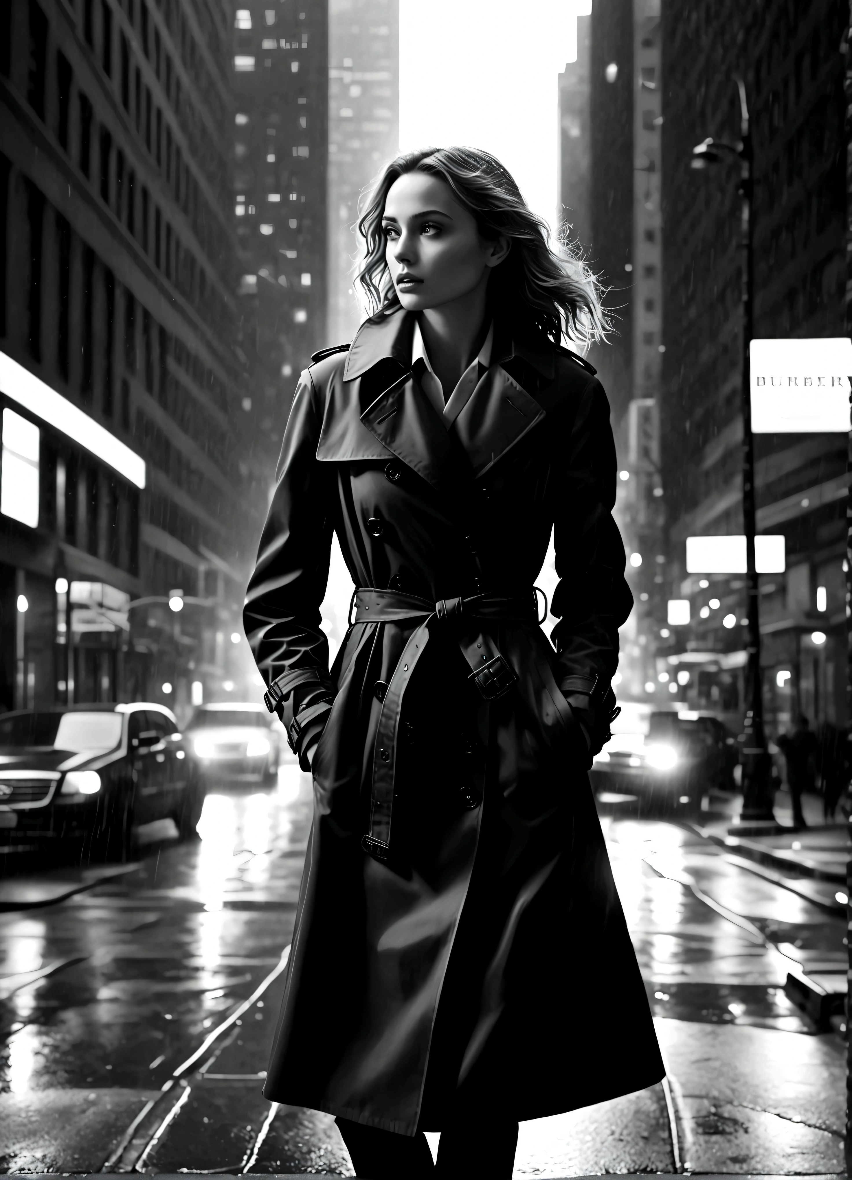 Black and white photography,In a monochrome world. The background is New York City's Manhattan, a nighttime street scene. Light spills from the windows of high-rise buildings and neon signs illuminate the streets, reflecting off the wet pavement. A figure in a black trench coat stands under a streetlight, the coat's hem fluttering in the wind. The trench coat is from the renowned brand Burberry, made of a wool and cashmere blend. The scene is mysterious and dramatic, reminiscent of a noir film.,(masterpiece:1.3),(highest quality:1.4),(ultra detailed:1.5),High resolution,extremely detailed,unity 8k wallpaper