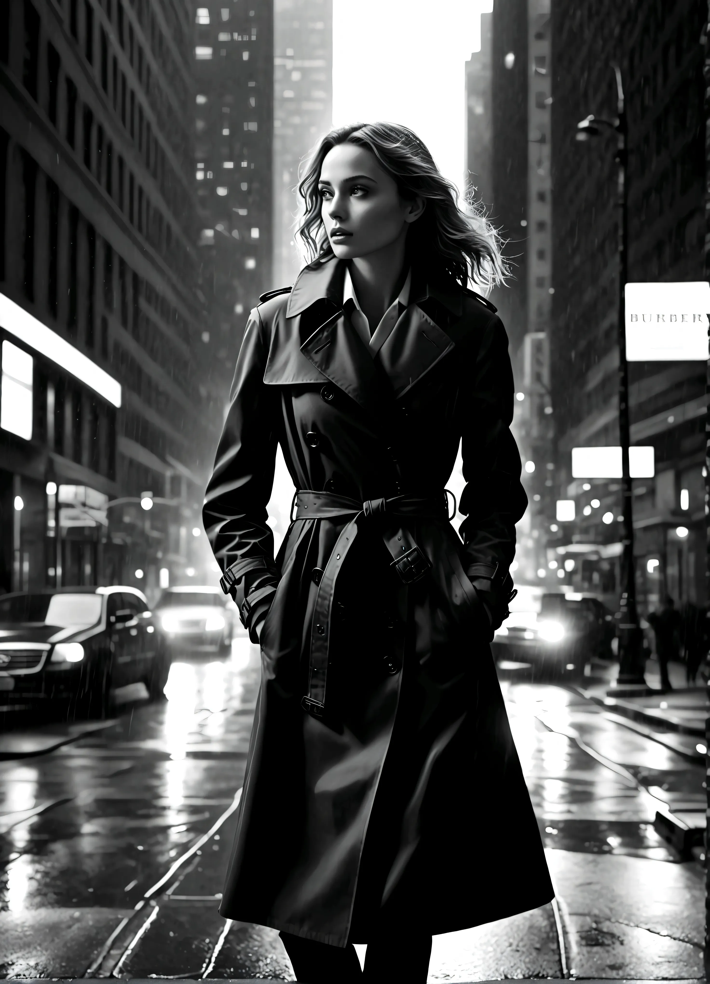 Black and white photography,In a monochrome world. The background is New York City's Manhattan, a nighttime street scene. Light ...