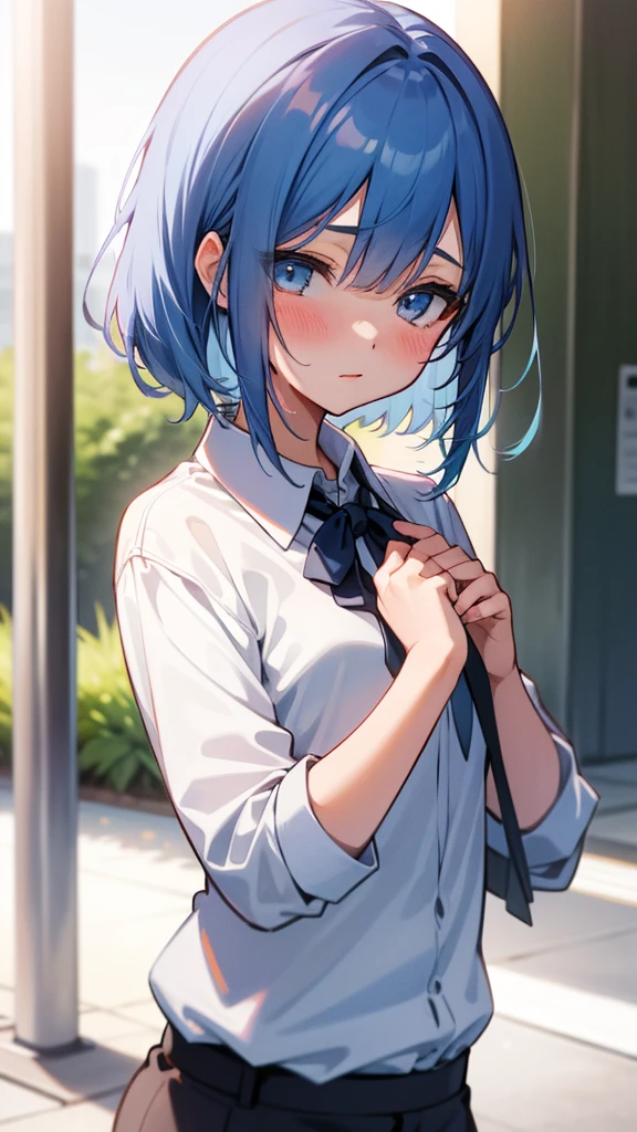 1girl, rating:safe, solo, ribbon, blue_hair, upper_body, one_eye_closed, blush, camisa_abierta, pechos_al_aire