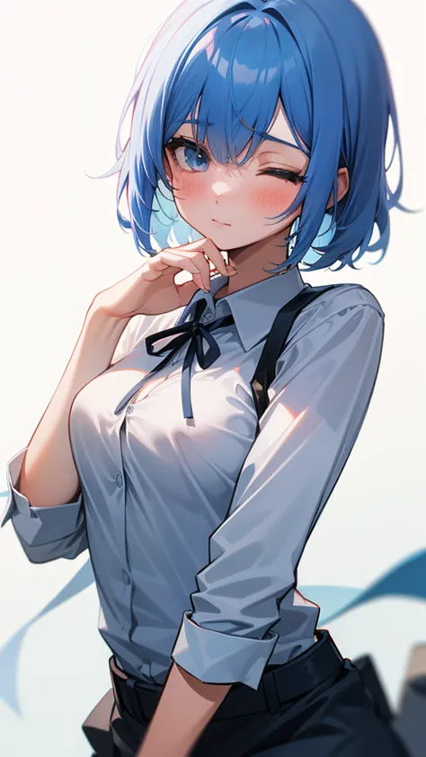 1girl, rating:safe, solo, ribbon, blue_hair, upper_body, one_eye_closed, blush, camisa_abierta, pechos_al_aire