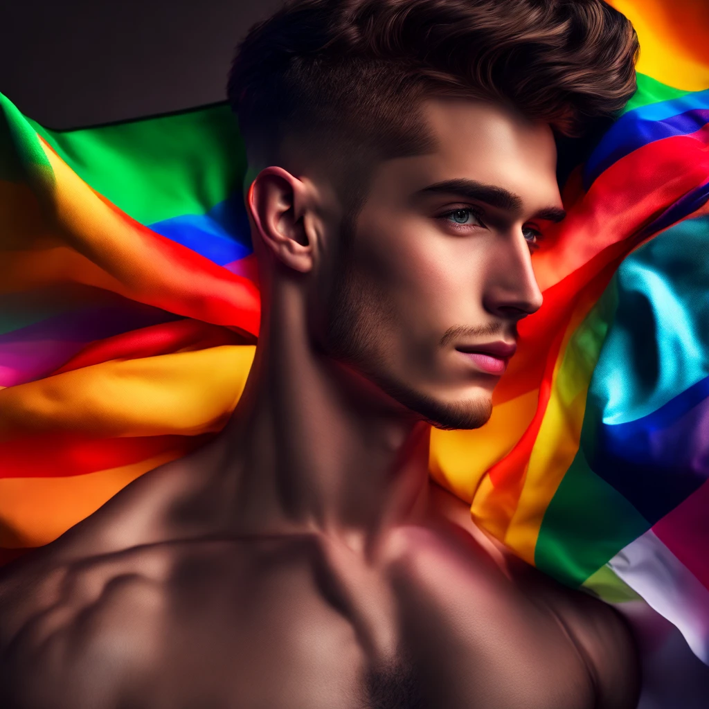 Un hermoso joven gay con una colorida bandera del orgullo, iluminación  dramática - SeaArt AI