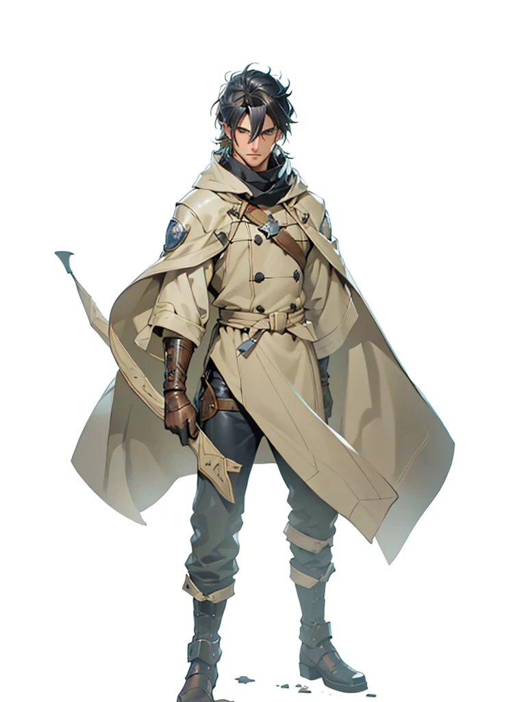 (male character), (extra long, flowing, blond-colored hair), (heterochromia), (left eye: blue), (right eye: brown), (black leather coat), (black shirt), (archery gloves), (black trousers), (black scarf), (illustration), (ultra-detailed), (realistic), (highres), (portrait), (mysterious lighting), (vivid colors) (mage) (fighter) (cold light) 
Espadachim, espada