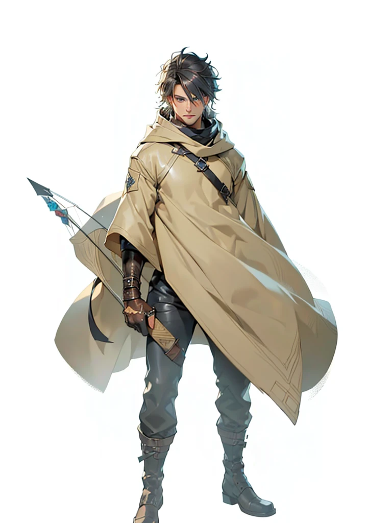 (male character), (extra long, flowing, blond-colored hair), (heterochromia), (left eye: blue), (right eye: brown), (black leather coat), (black shirt), (archery gloves), (black trousers), (black scarf), (illustration), (ultra-detailed), (realistic), (highres), (portrait), (mysterious lighting), (vivid colors) (mage) (fighter) (cold light) 
Espadachim, espada