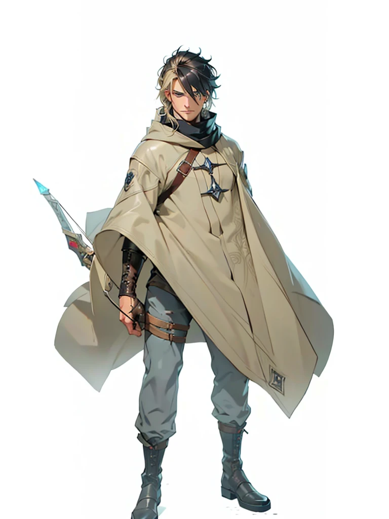 (male character), (extra long, flowing, blond-colored hair), (heterochromia), (left eye: blue), (right eye: brown), (black leather coat), (black shirt), (archery gloves), (black trousers), (black scarf), (illustration), (ultra-detailed), (realistic), (highres), (portrait), (mysterious lighting), (vivid colors) (mage) (fighter) (cold light) 
Espadachim, espada