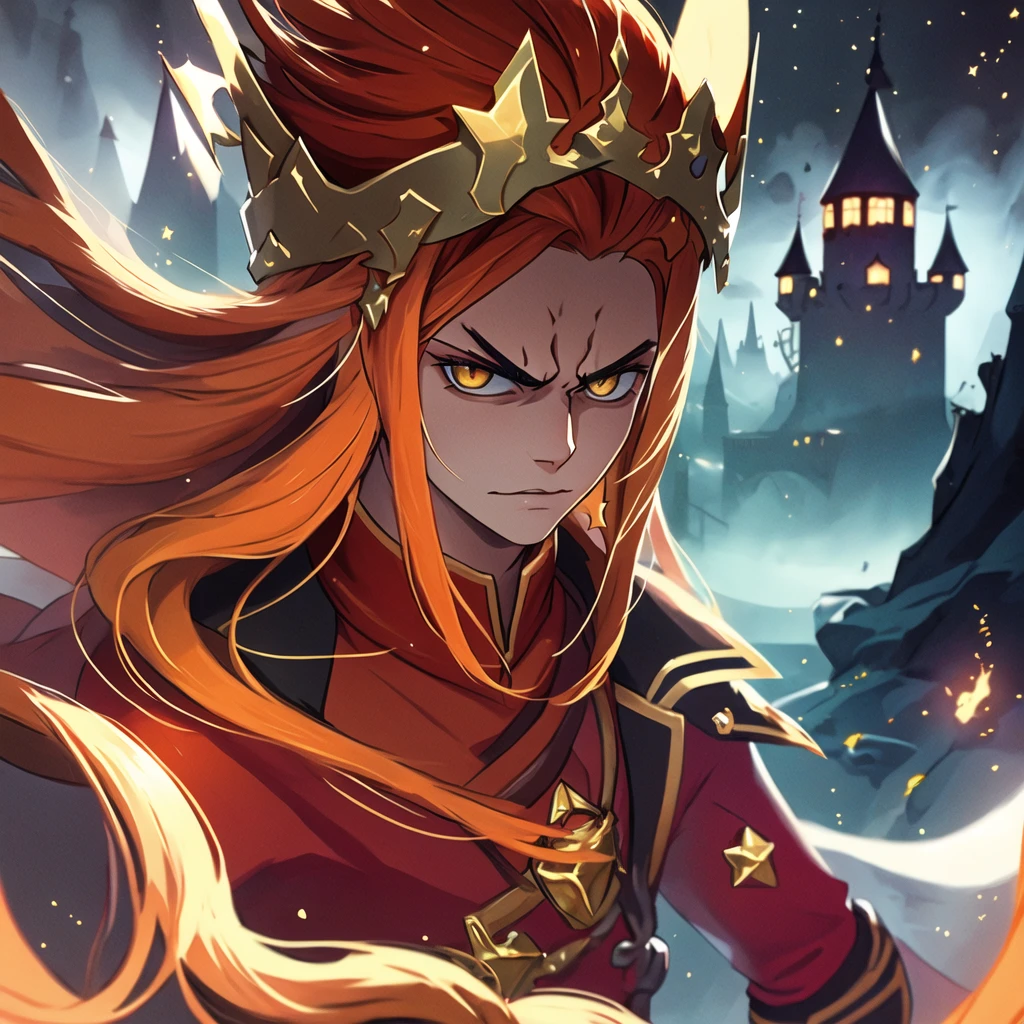 (masterpiece, top quality, best quality, beautiful, and aesthetic:1.2) portrait shot, posing, leonida5, orange hair, 1boy, looking at viewer, angry star, fantasy castle gates