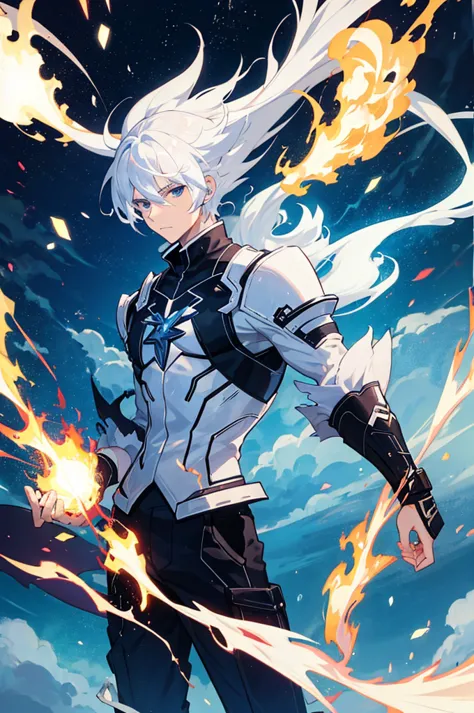 25 years old anime man with white hair, made with fire, Lightning and Ice 