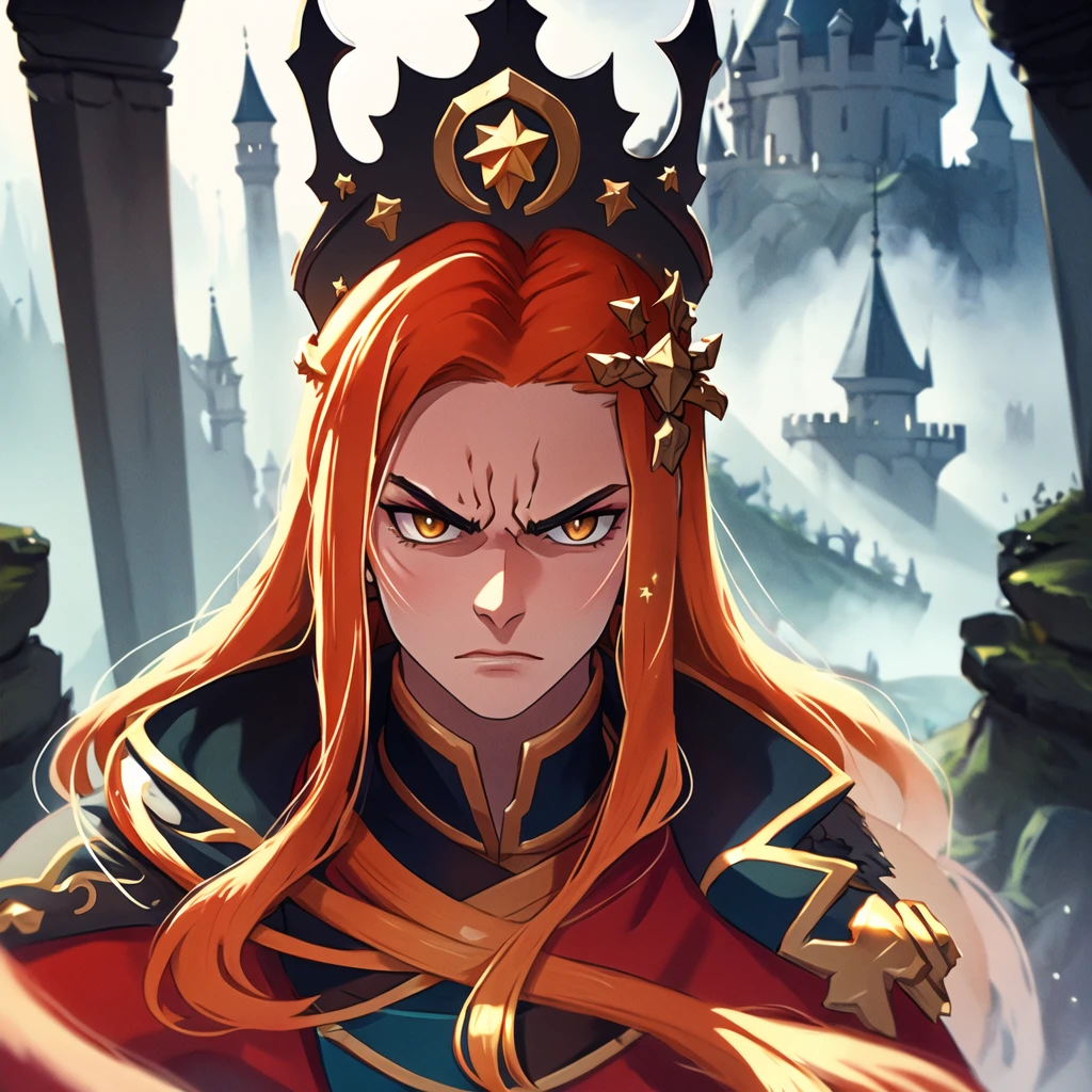 (masterpiece, top quality, best quality, beautiful, and aesthetic:1.2) portrait shot, posing, leonida5, orange hair, 1boy, looking at viewer, angry star, fantasy castle gates