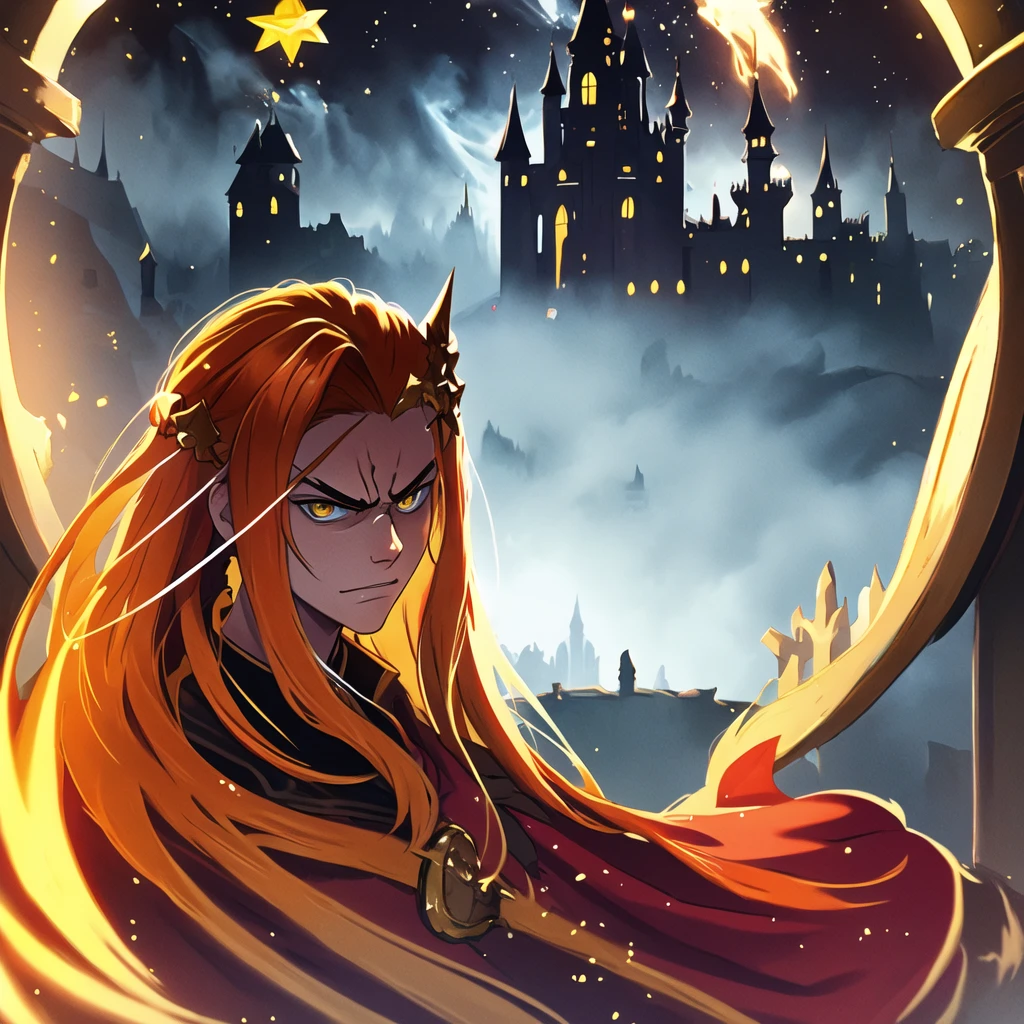 (masterpiece, top quality, best quality, beautiful, and aesthetic:1.2) portrait shot, posing, leonida5, orange hair, 1boy, looking at viewer, angry star, fantasy castle gates