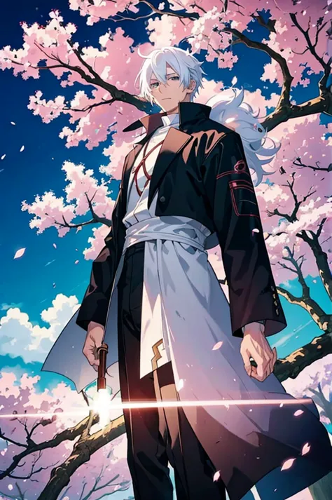 A 25 years old anime man with white hair, made with fire, Lightning and Ice, Standing beside a cherry blossom tree