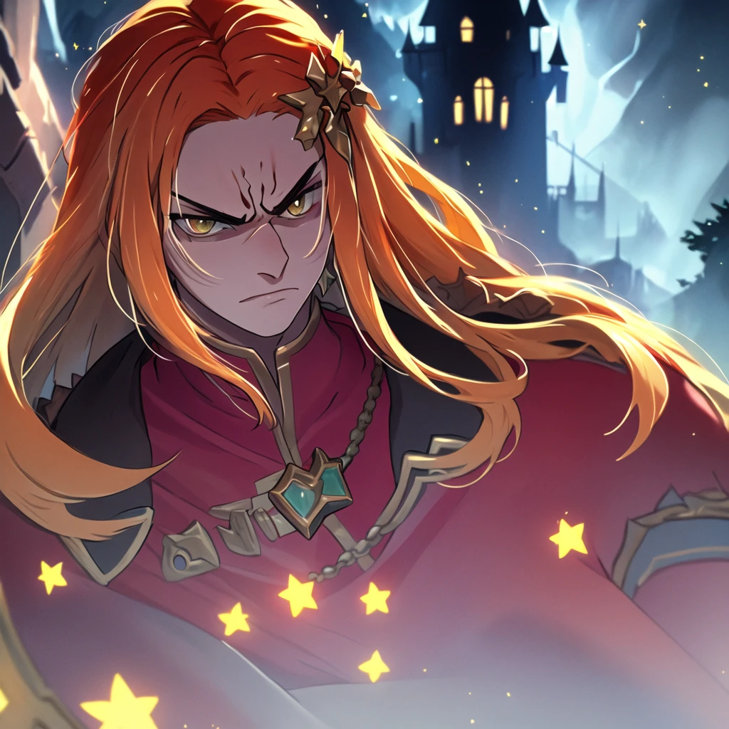 (masterpiece, top quality, best quality, beautiful, and aesthetic:1.2) portrait shot, posing, leonida5, orange hair, 1boy, looking at viewer, angry star, fantasy castle gates