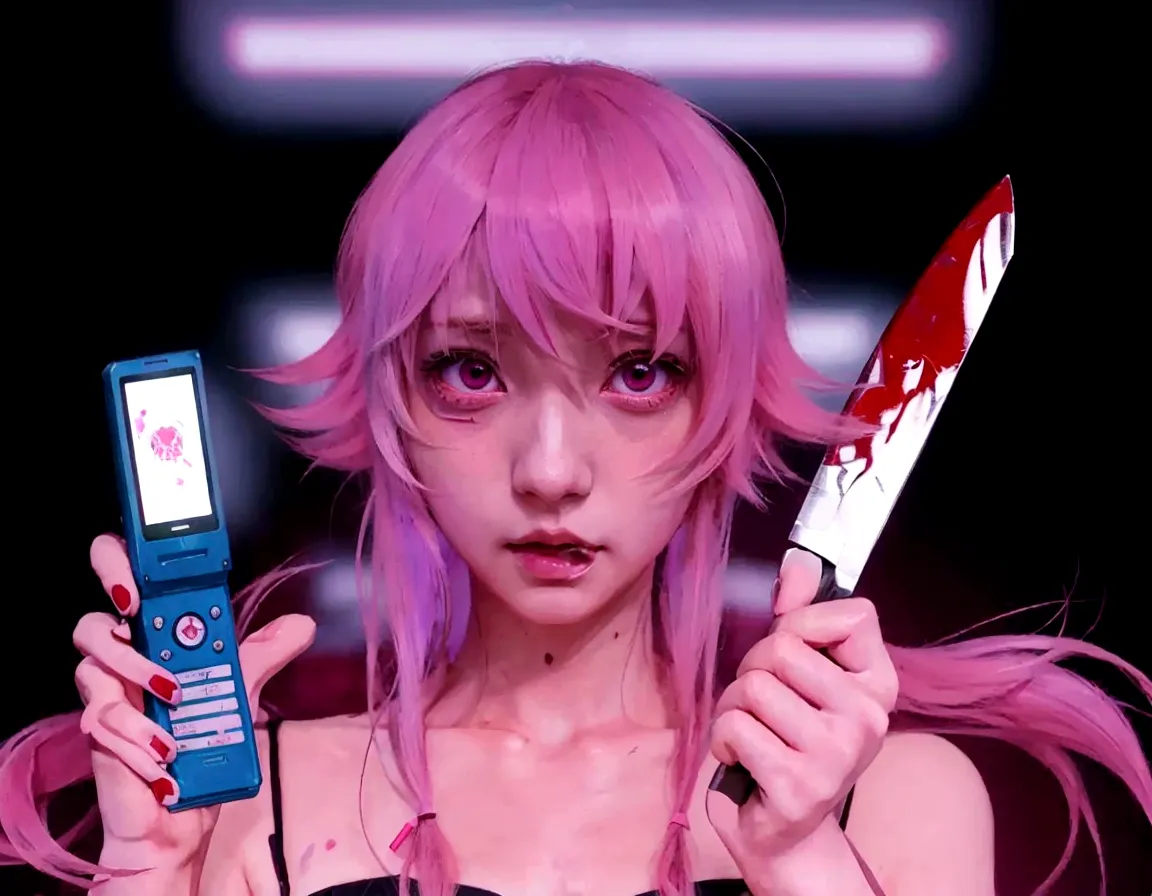 anime girl with pink hair holding a cell phone and a knife, mirai nikki, yandere, gapmoe yandere, anime styled digital art, digi...