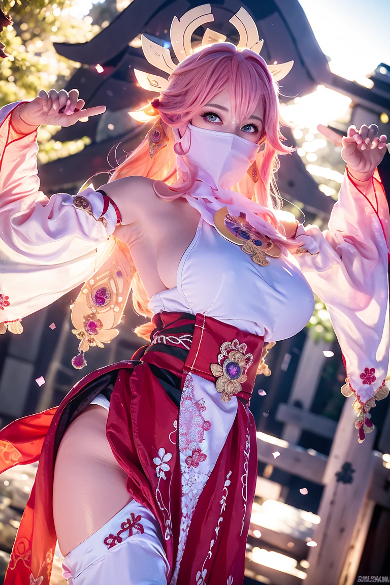 (Extreme Detail CG Unity 8K wallpaper, masterpiece, highest quality), (ulzzang-6500-v1.1:0.4) 1girl, kpop idol, yae miko, detached sleeves, pink hair, long hair, best quality, (photorealistic:1.2), (hair ornament:1.35), jewelry, fox ears, wearing face veil, (white face veil, silk mask veil:1.2), purple eyes, earrings, (very huge round breasts, big breasts: 1.2), torii, cherry blossoms, lantern light, depth of field, detailed face, face focus, (looking at viewer:1.25), shiny skin, long sleeves, cowboy shot, dynamic pose, (bending forward, Show the armpits, sexypose:1.3), game cg, thigh highs, east asian architecture, blurry background, full body,  elegant posture, focused expression, outdoor shrine setting, fantasy style,