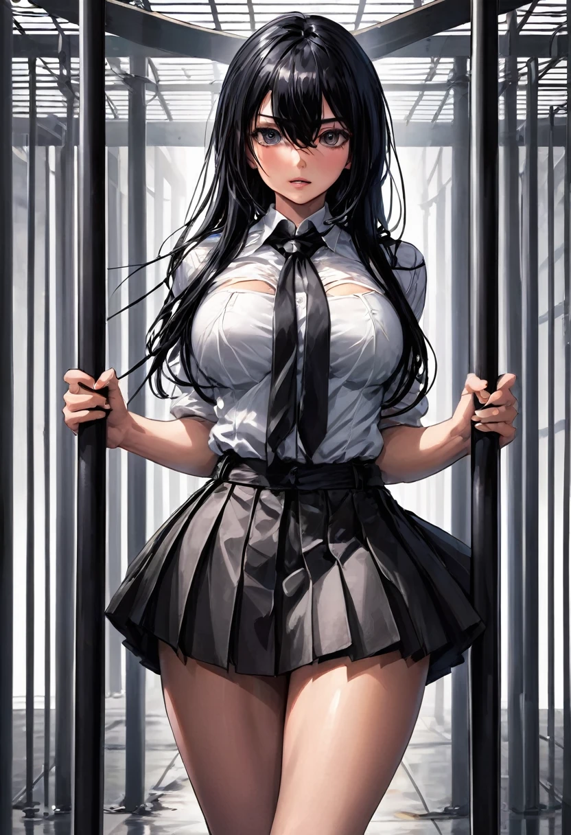 25 year old human girl with Mediterranean features, very long black hair, has super gigantic breasts, slim body, torn blouse that can't contain her breasts, torn black pleated miniskirt, has a slave collar, there is a man behind he is groping her breast, each breast is tied with ropes, she is standing between two poles with her arms outstretched and tied to the poles that are on her hips in a prison, she has a proud look