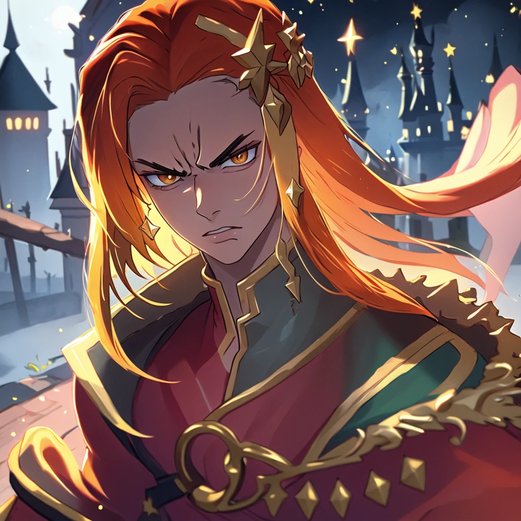 (masterpiece, top quality, best quality, beautiful, and aesthetic:1.2) portrait shot, posing, leonida5, orange hair, 1boy, looking at viewer, angry star, fantasy castle gates