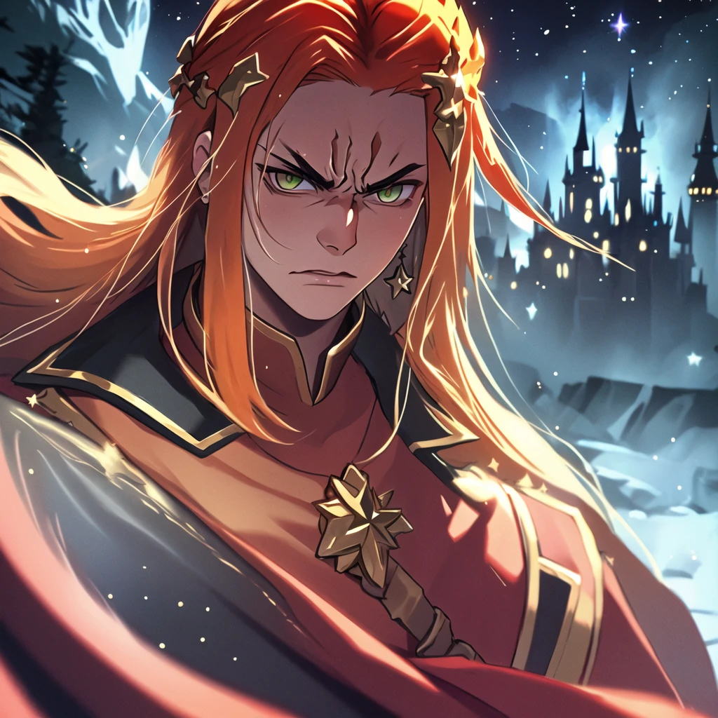 (masterpiece, top quality, best quality, beautiful, and aesthetic:1.2) portrait shot, posing, leonida5, orange hair, 1boy, looking at viewer, angry star, fantasy castle gates